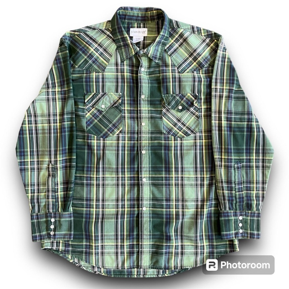 Y2K Mens Green Plaid Button Up